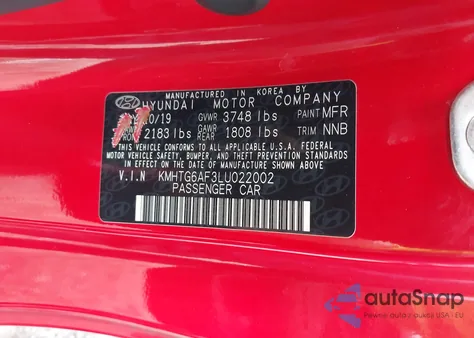 2020 Hyundai Veloster 2.0 z USA, uszkodzony, nr VIN KMHTG6AF3LU022002